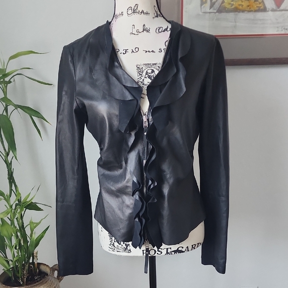 Pinko Jackets & Blazers - Pinko Leather Stretch Jacket Black Ruffles Size 10
